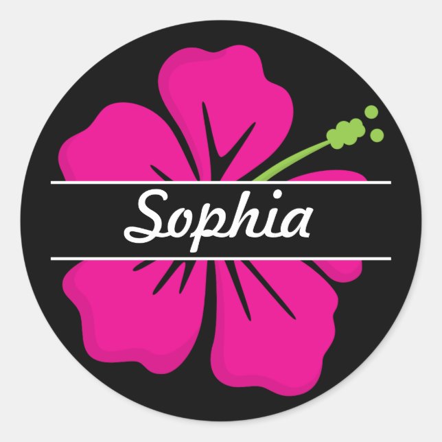 Sticker Rond Pink, Black Tropical Hawaiian Hibiscus Nom de la f (Devant)