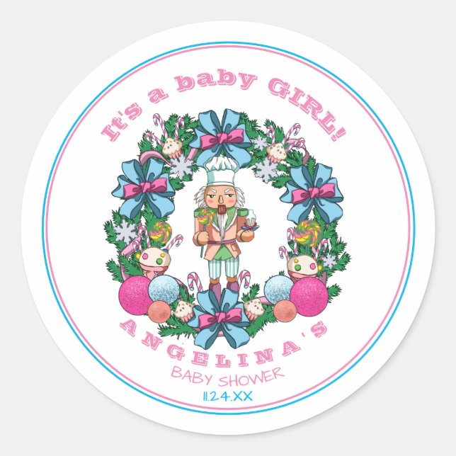 Sticker Rond Pink Blue Christmas Nutcracker Wreath Baby shower (Devant)