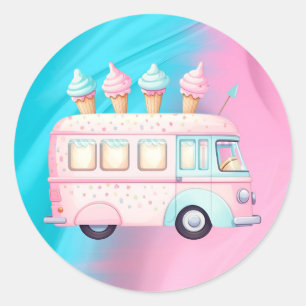 Sticker Rond Pink Blue Ice Cream Camion fête d'anniversaire
