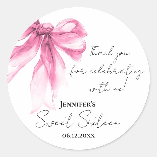 Sticker Rond Pink Bow Coquette Script Sweet 16 Thank You (Devant)