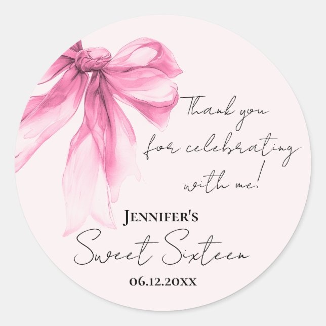 Sticker Rond Pink Bow Coquette Script Sweet 16 Thank You Blush  (Devant)