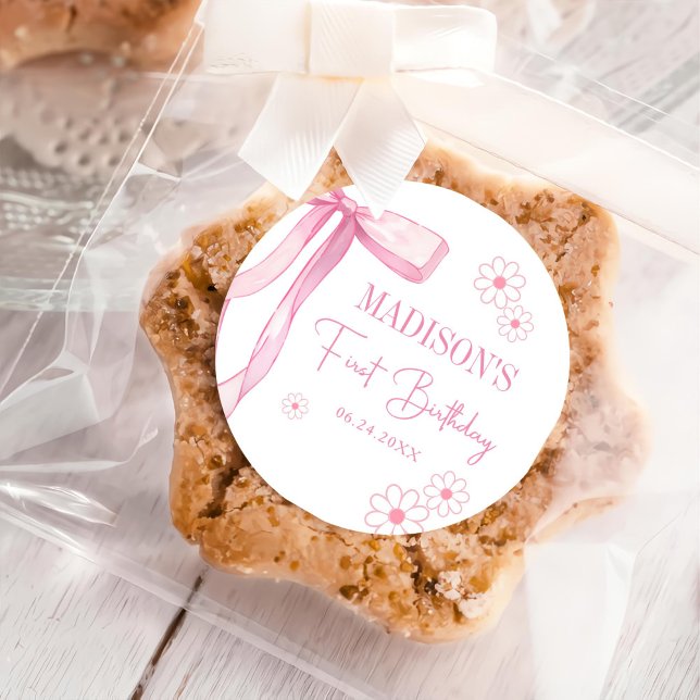 Sticker Rond Pink Bow Elegant 1er Anniversaire (Créateur téléchargé)