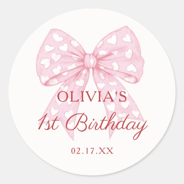 Sticker Rond Pink Bow Fille amoureuse 1er anniversaire (Devant)