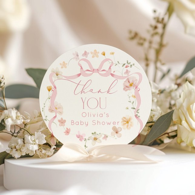 Sticker Rond Pink Bow floral Baby in Bloom Baby shower (Créateur téléchargé)