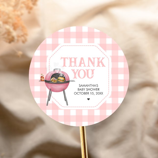 Sticker Rond Pink Burger BBQ Baby Shower (Bun and Burgers Baby Shower Sticker)