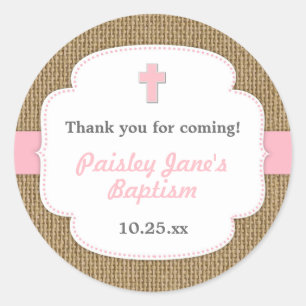 Sticker Rond Pink Burlap croix fille baptême de baptême en fave