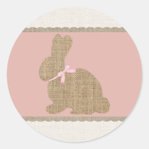 Sticker Rond Pink & Burlap Rustic Bunny Baby shower de Pâques