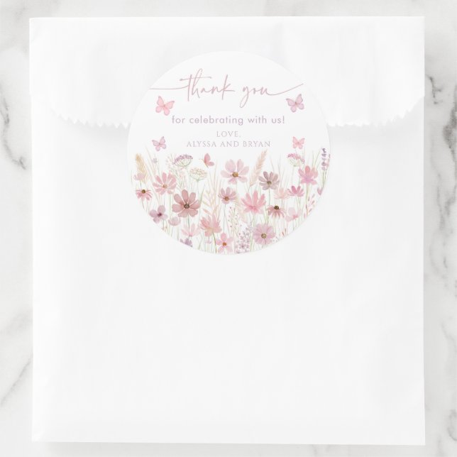 Sticker Rond Pink Butterfly Wildflowers Baby Shower (Sac)