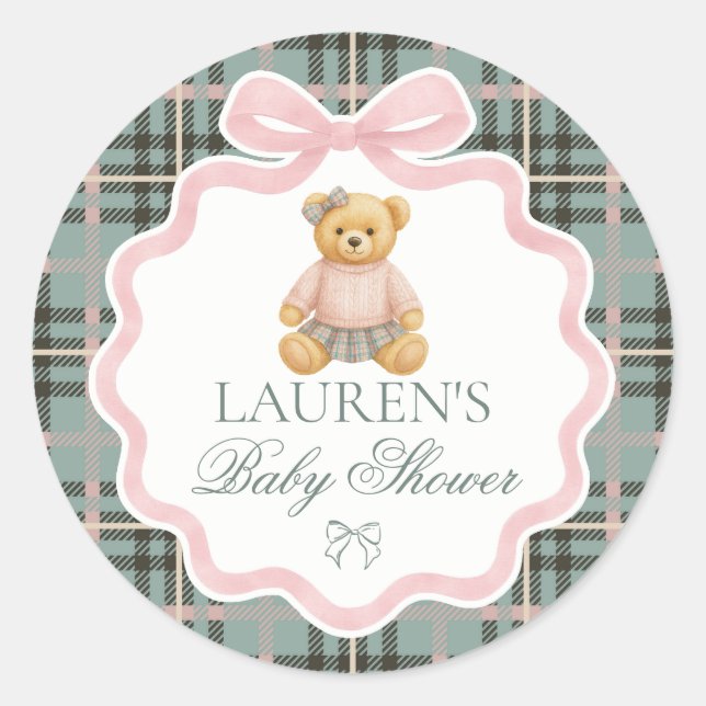 Sticker Rond Pink Coquette Bow Bear Baby Shower Envelope Seal (Devant)