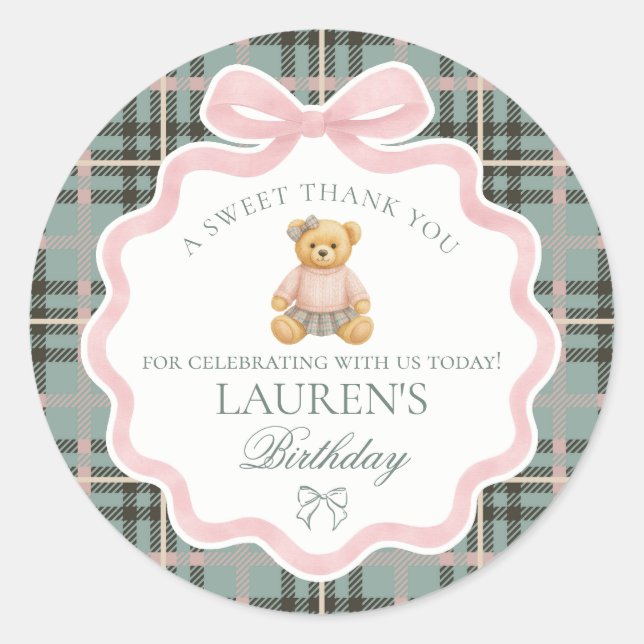 Sticker Rond Pink Coquette Bow Bear Tartan Birthday Favor (Devant)