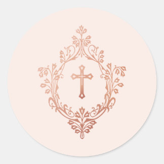 Sticker Rond Pink Cross in Crest  Rose Gold Vintage Elegant
