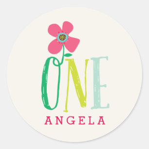 Sticker Rond Pink Daisy Pop One Girl's 1st Birthday Party Favor