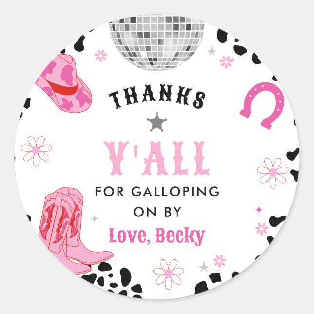 Sticker Rond Pink Disco First Rodeo Girl Premier anniversaire (Devant)