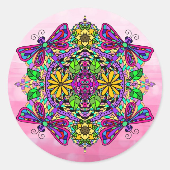 Sticker Rond Pink Dragonfly et Fleurs Mandala Hand Drake Art (Devant)