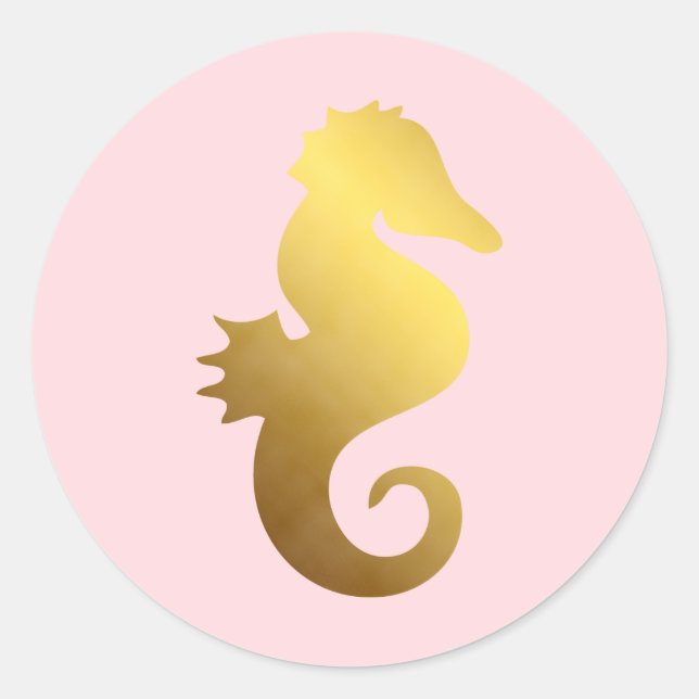 Sticker Rond Pink et Faux Gold Foil Seahorse (Devant)