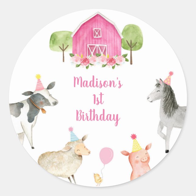 Sticker Rond Pink Farm Barnyard anniversaire (Devant)