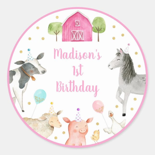 Sticker Rond Pink Farm Barnyard anniversaire (Devant)
