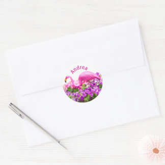 Sticker Rond Pink Flamingo Petunia Art Add Custom Text 