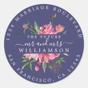 Sticker Rond Pink Floral Adresse de retour Navy Blue Enveloppe
