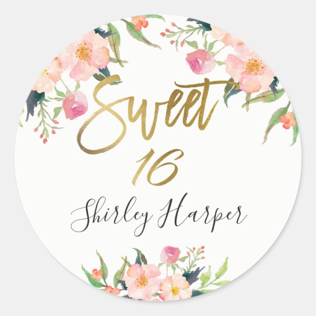 Sticker Rond Pink Floral Gold Script Sweet sixteen 16 Anniversa (Devant)