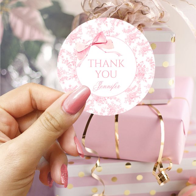 Sticker Rond Pink Floral Toile Bow Ribbon Baby Girl Douche (Créateur téléchargé)