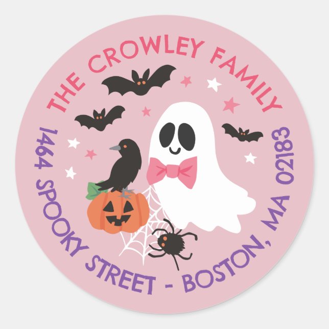 Sticker Rond Pink Ghost Raven Halloween Famille Adresse de reto (Devant)