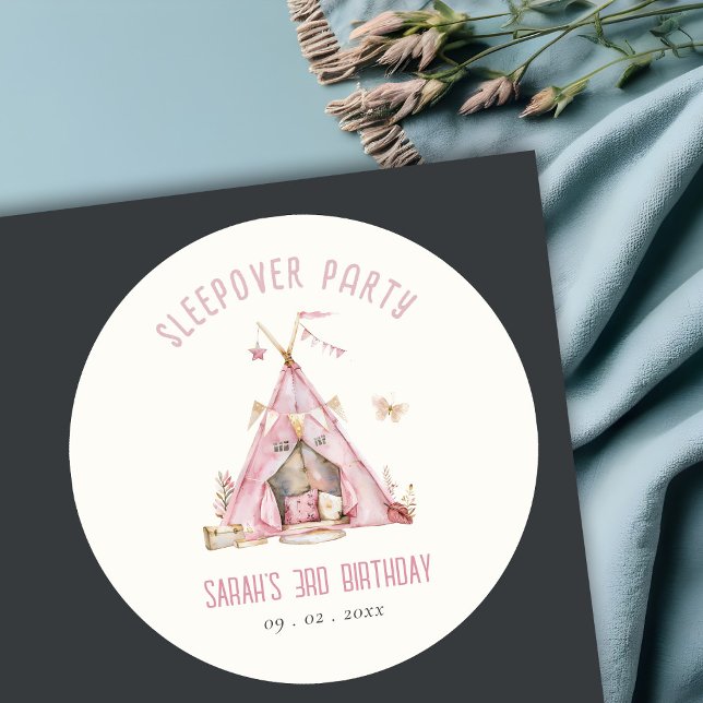 Sticker Rond Pink Girls Tent Slepover Stwood Anniversaire Fête (Créateur téléchargé)