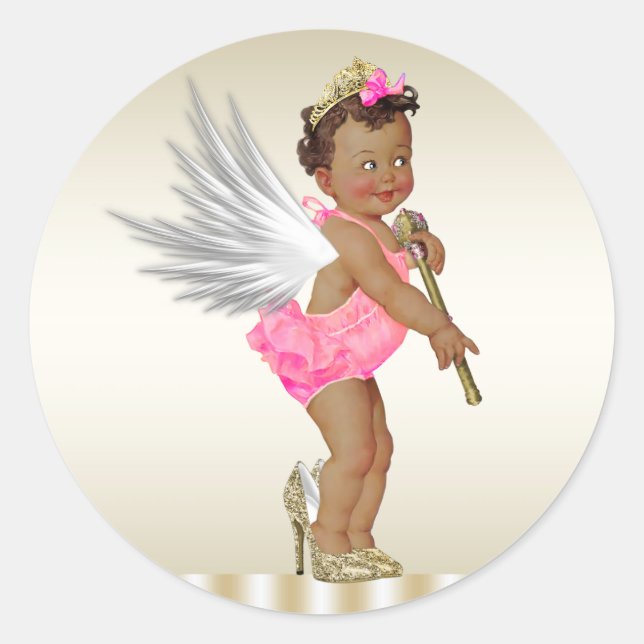 Sticker Rond Pink Gold High Heel Angel Girls Baby shower ethniq (Devant)