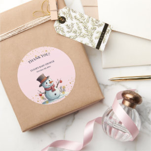 Sticker Rond Pink & Gold Little Snowflakes Snowman Baby shower