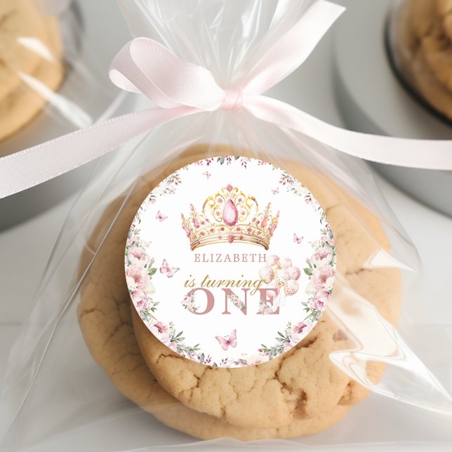 Sticker Rond Pink Gold Princess Crown 1er anniversaire Blush Fl (Créateur téléchargé)