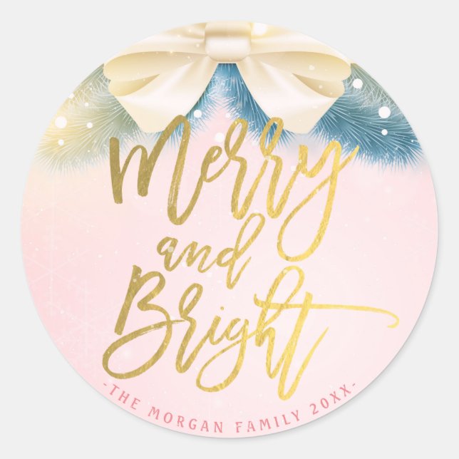 Sticker Rond Pink Gold Ribbon Merry and Bright Script Grey (Devant)