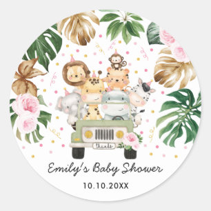 Sticker Rond Pink Gold Safari Jungle Animaux Verdure bébé fille
