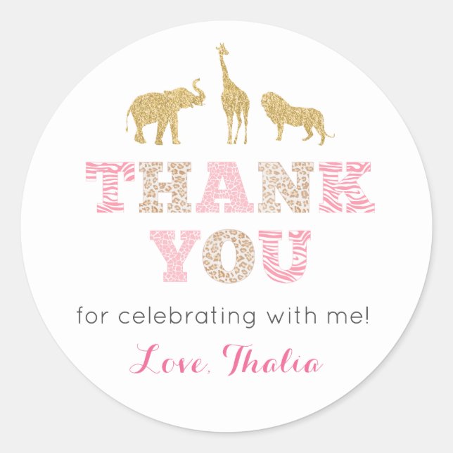 Sticker Rond Pink Gold Safari Merci Fête d'anniversaire sauvage (Devant)