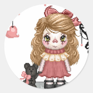 Sticker Rond Pink Gothique Love Doll Pixel Art