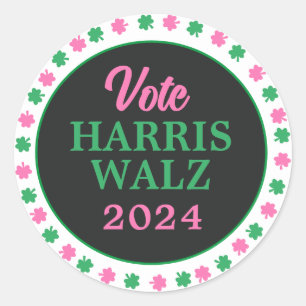 Sticker Rond Pink Green Clover 2024 Vote Harris Walz