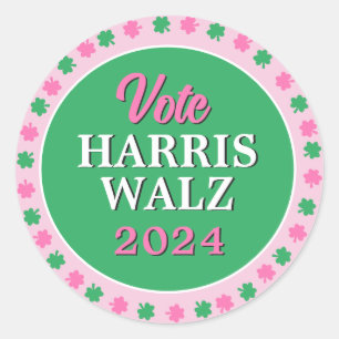 Sticker Rond Pink Green Clover 2024 Vote Harris Walz