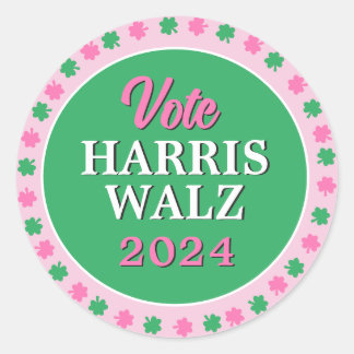 Sticker Rond Pink Green Clover 2024 Vote Harris Walz