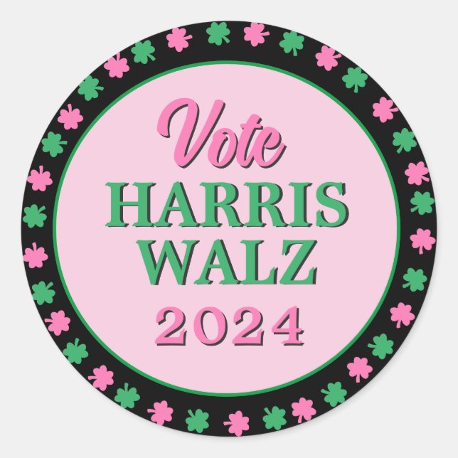 Sticker Rond Pink Green Clover 2024 Vote Harris Walz (Devant)