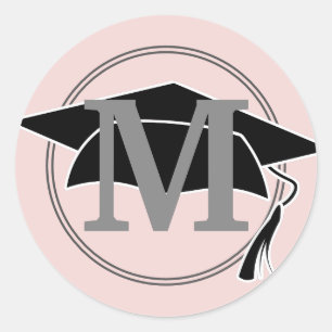 Sticker Rond Pink Grey Graduation Cap Monogramme initial