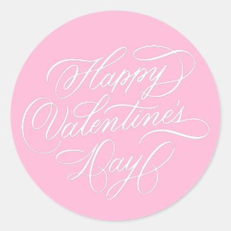 Sticker Rond Pink Happy Valentines Day Elegant Calligraphy