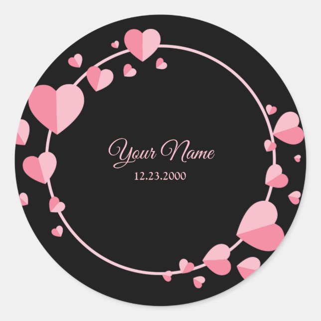 Sticker Rond Pink Heart Black Geometric Wedding Party Elegant C (Devant)