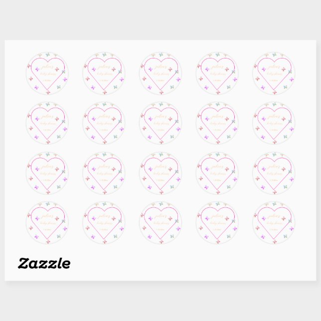 Sticker Rond Pink Heart Butterfly girl baby shower  (Feuille)