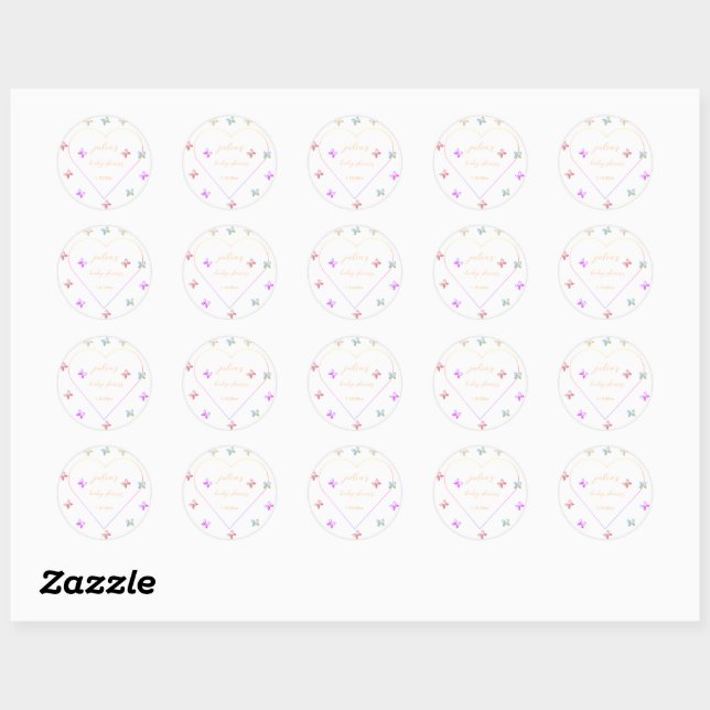 Sticker Rond Pink Heart Butterfly girl baby shower  (Feuille)