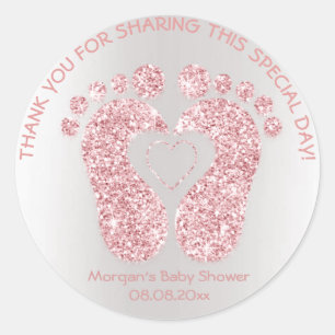 Sticker Rond Pink Heart Pieds Baby shower Parties scintillant M