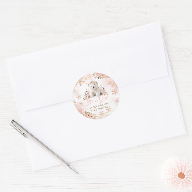 Sticker Rond Pink hiver White Bear C'est un Baby shower fille (Enveloppe)