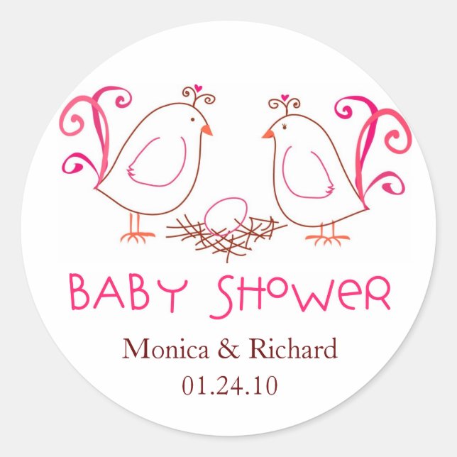 Sticker Rond Pink Lovebirds et Nest Baby shower Favoriser les é (Devant)