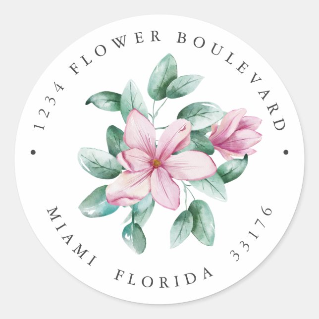 Sticker Rond Pink Magnolia Bouquet Botanique Adresse de retour (Devant)