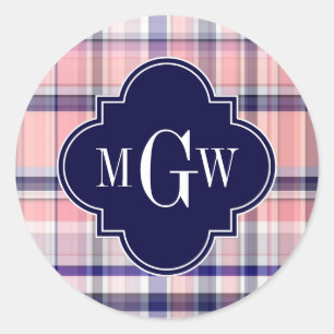 Sticker Rond Pink Navy White Preppy Madras Quatrefoil