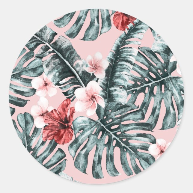 Sticker Rond Pink Paradise Tropical Island Botanique Florale (Devant)