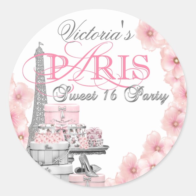 Sticker Rond Pink Paris Sweet 16 Anniversaire (Devant)